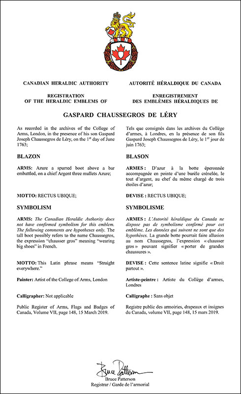 Letters patent registering the heraldic emblems of Gaspard Chaussegros de Léry