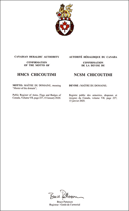 Letters patent confirming the heraldic emblems of HMCS Chicoutimi