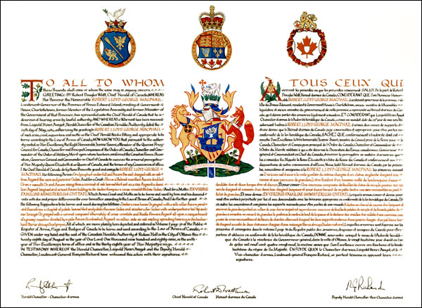 Letters patent granting Armoirial Bearings to Robert Lloyd George Macphail