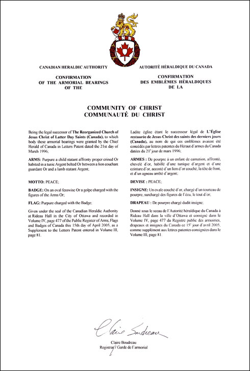 Letters patent confirming the heraldic emblems of the Community of Christ