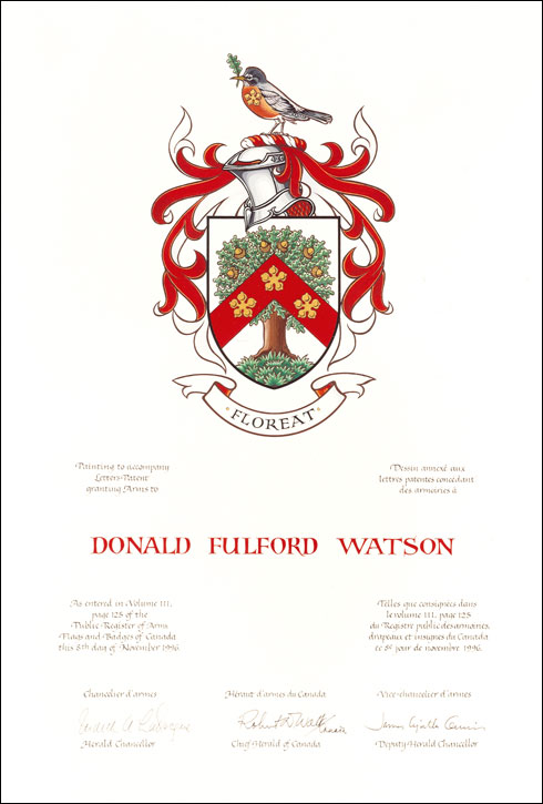 Letters patent granting heraldic emblems to Donald Fulford Watson
