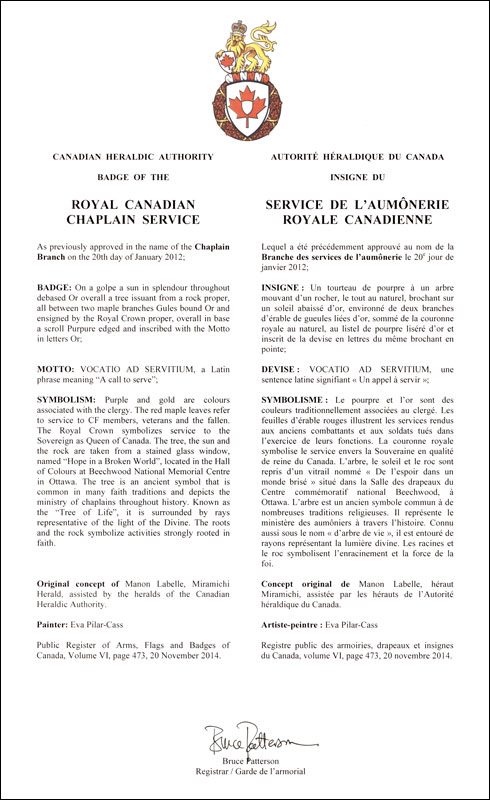 Letters patent confirming the Badge of the Royal Canadian Chaplain Service