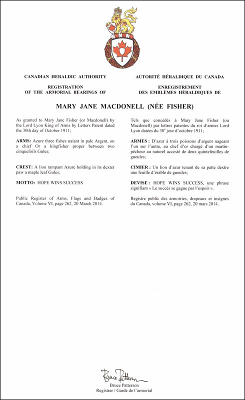 Letters patent registering the heraldic emblems of Mary Jane MacDonell (née Fisher)