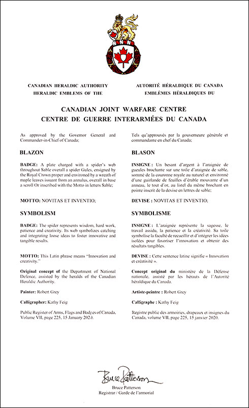 Lettres patentes approuvant les emblèmes héraldiques du Centre de guerre interarmées du Canada