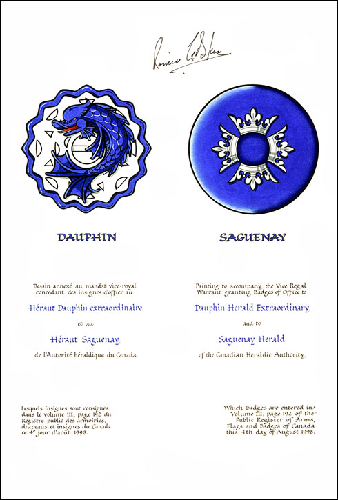 Vice Regal Warrant granting heraldic emblems to the Dauphin Herald Extraordinary and Saguenay Herald of the Canadian Heraldic Authority