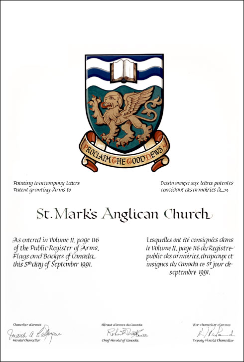 Letters patent granting heraldic emblems to St. Mark's Anglican Church