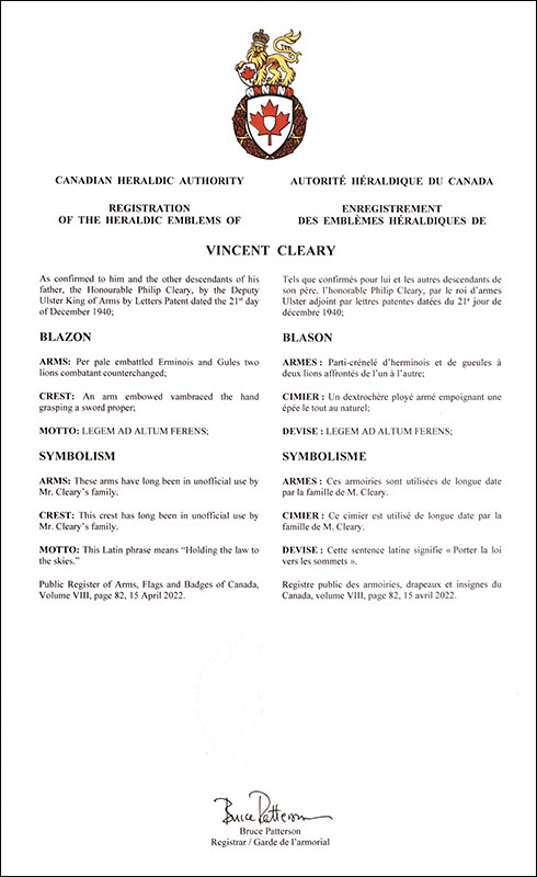 Letters patent registering the heraldic emblems of Vincent Cleary