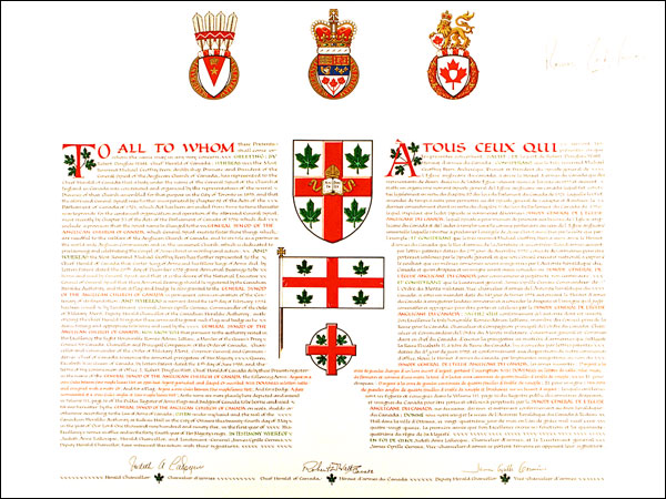 Letters patent granting heraldic emblems to the General Synod of the Anglican Church of Canada