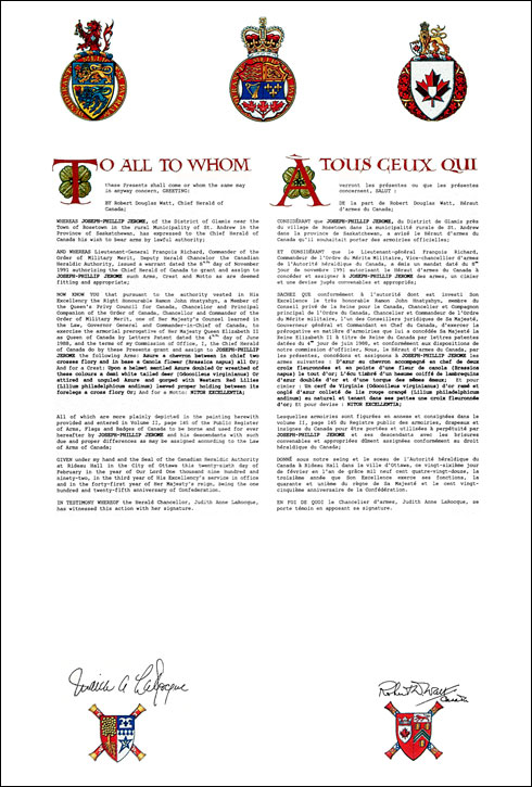 Letters patent granting heraldic emblems to Joseph-Phillip Jerome