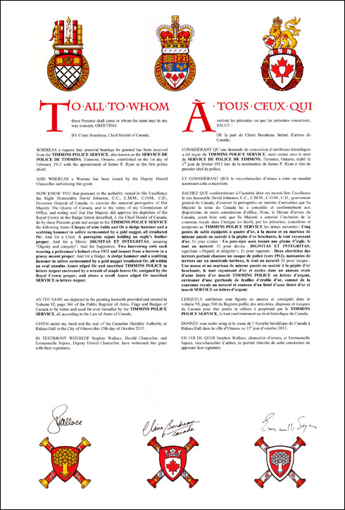 Letters patent granting heraldic emblems to the Timmins Police Service (also known as the Service de police de Timmins)