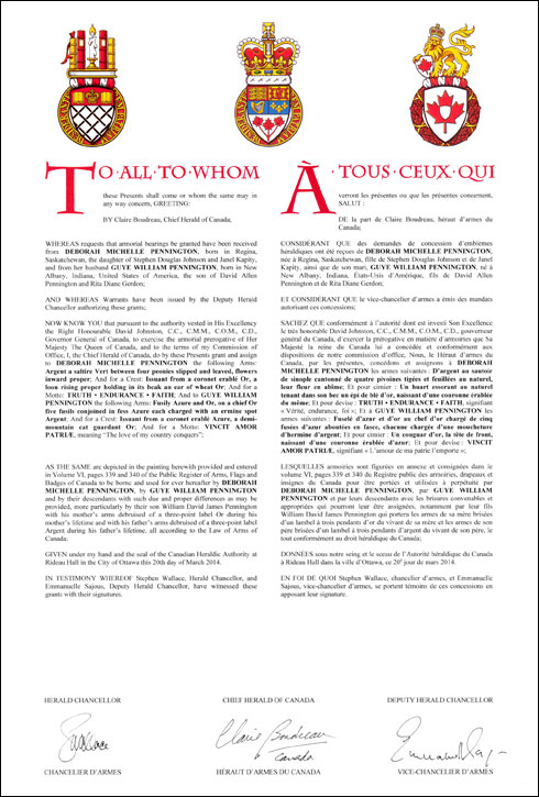 Letters patent granting heraldic emblems to Deborah Michelle Pennington