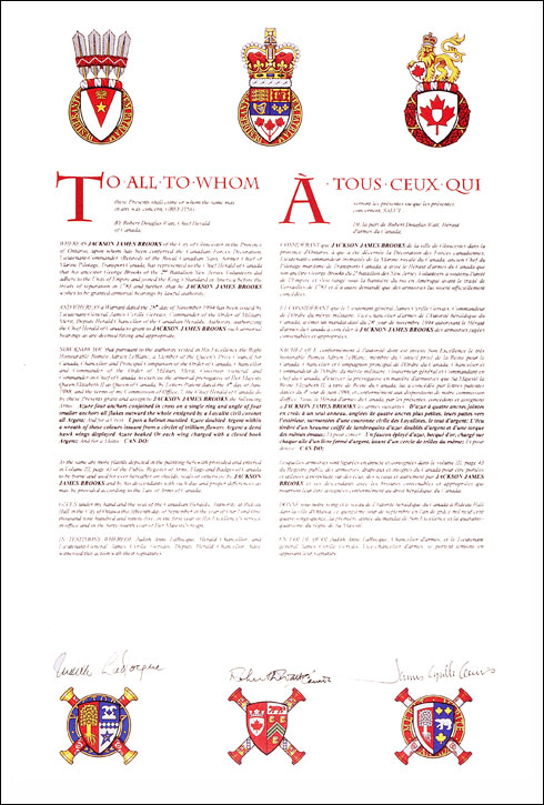 Letters patent granting Armorial Bearing to Jackson James Brooks