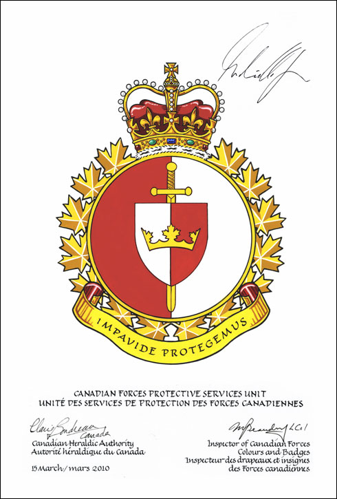 Letters patent approving the Badge of the Canadian Forces Protective Services Unit