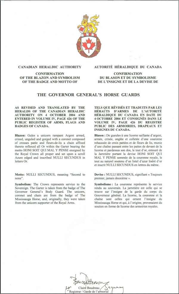 Letters patent confirming the blazon of the Badge of The Governor General's Horse Guards