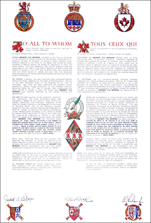 Letters patent granting heraldic emblems to Margaret Jill Matheson