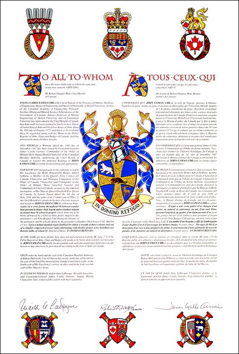 Letters patent granting differenced Arms to John Ragnar Udd and Thea Louise Udd