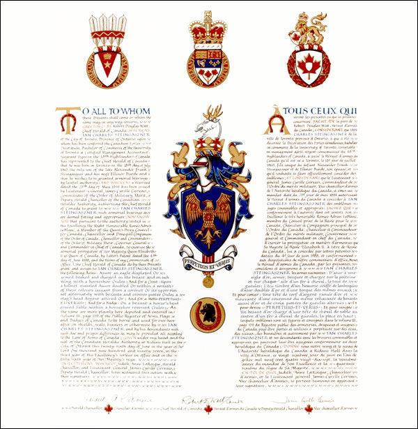 Letters patent granting heraldic emblems to Ian Charles Steingaszner