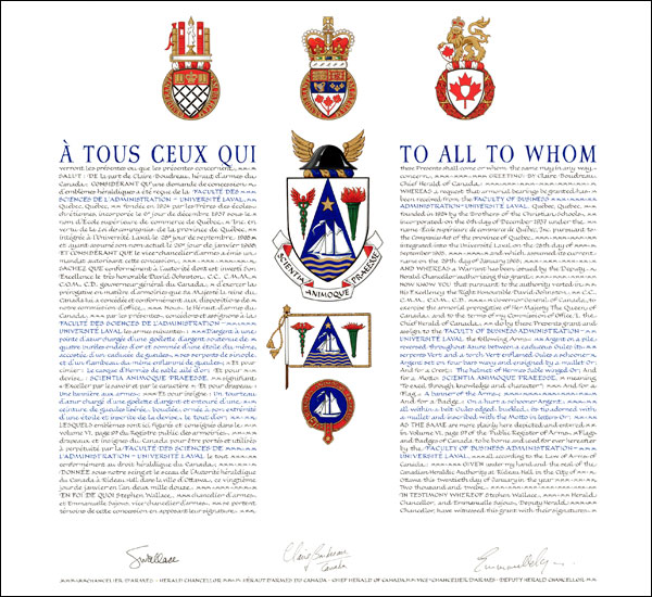 Letters patent granting heraldic emblems to the Faculty of Business Administration - Université Laval