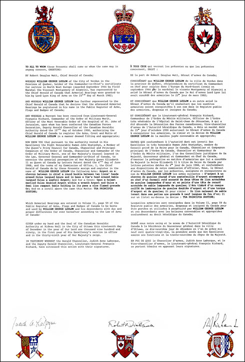 Lettres patentes enregistrant les emblèmes héraldiques de William George Ludlow