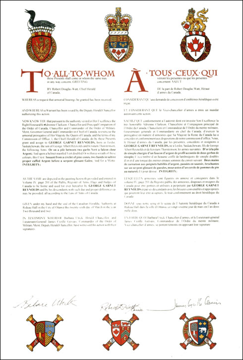 Letters patent granting heraldic emblems to George Garnet Reynolds