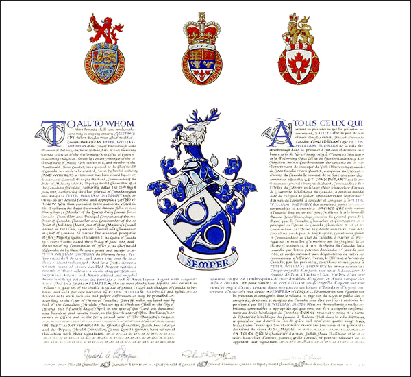 Letters patent granting heraldic emblems to Peter William Sudbury