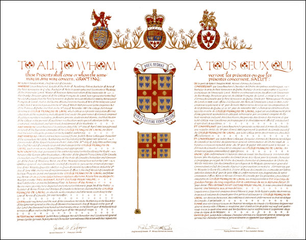 Letters patent granting heraldic emblems to the Collège François-de-Laval