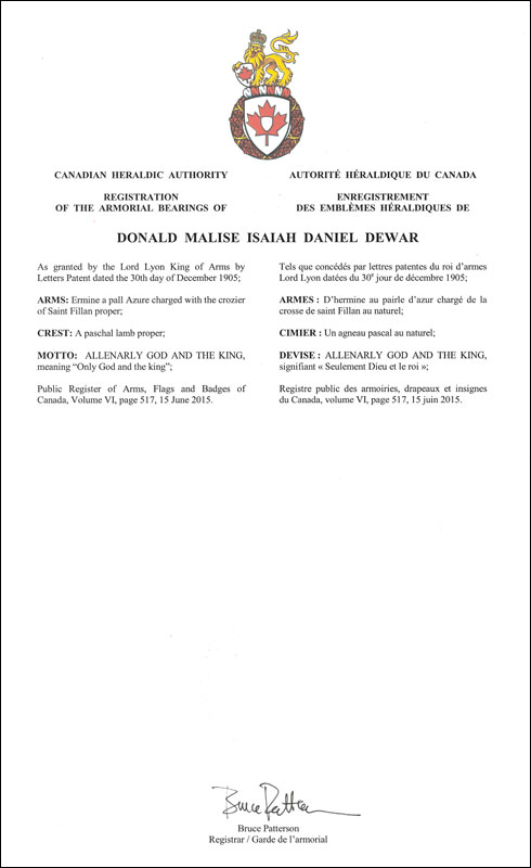 Lettres patentes enregistrant les emblèmes héraldiques de Donald Malise Isaiah Daniel Dewar
