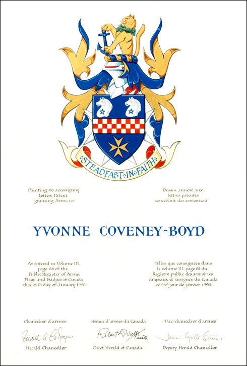 Letters patent granting heraldic emblems to Yvonne Coveney-Boyd