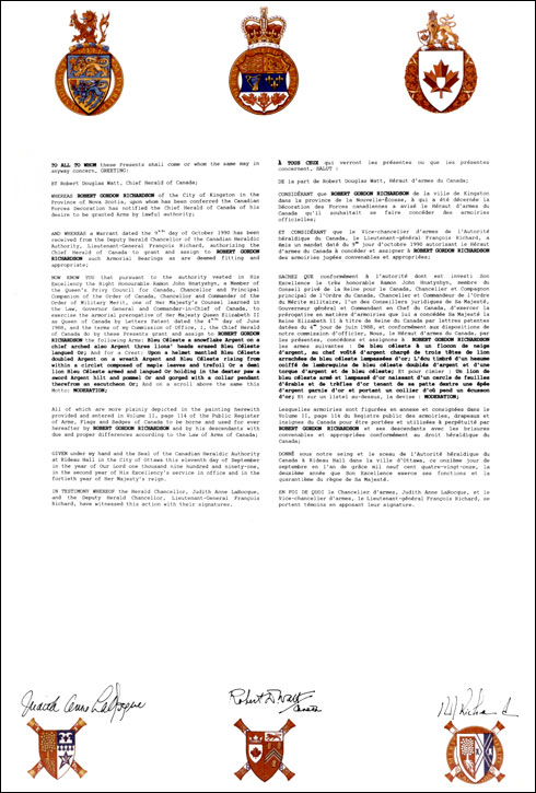 Letters patent granting heraldic emblems to Robert Gordon Richardson