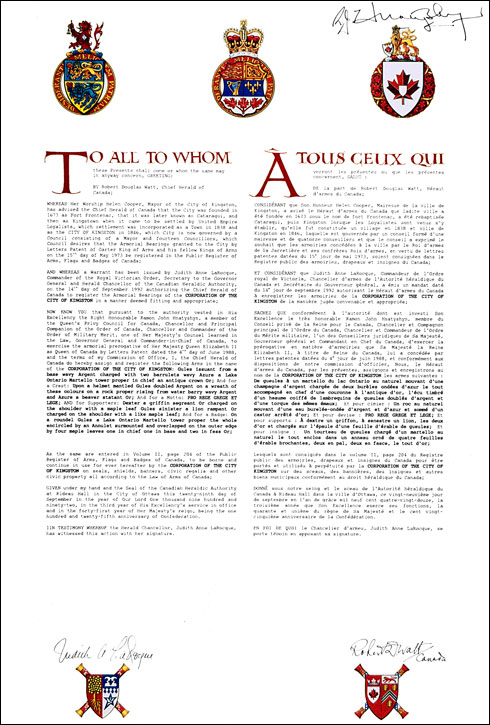 Letters patent registering the heraldic emblems of the Corporation of the City of Kingston