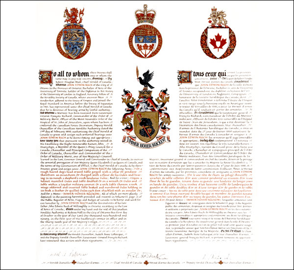 Letters patent granting heraldic emblems to John Edwin Ruch