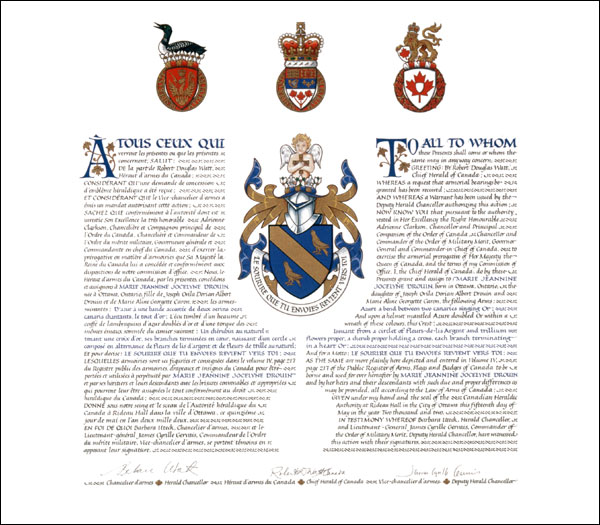 Letters patent granting heraldic emblems to Marie Jeannine Jocelyne Drouin