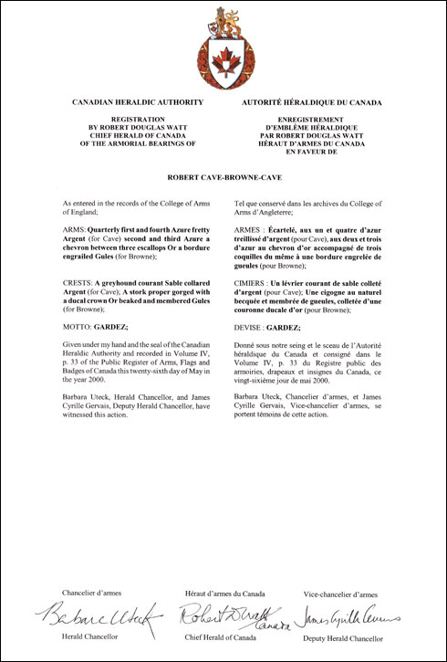 Letters patent registering the heraldic emblems of Robert Cave-Browne-Cave