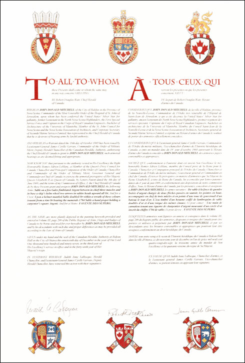 Letters patent granting heraldic emblems to John Donald Mitchell