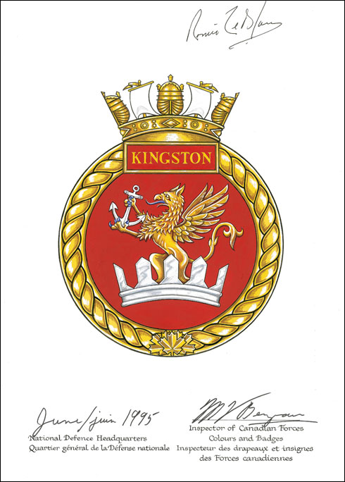 Lettres patentes approuvant l'insigne du NCSM Kingston