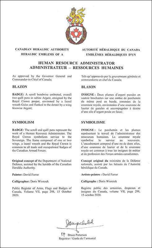 Lettres patentes approuvant les emblèmes héraldiques de l'Administrateur – Ressources humaines de l’Aviation royale canadienne