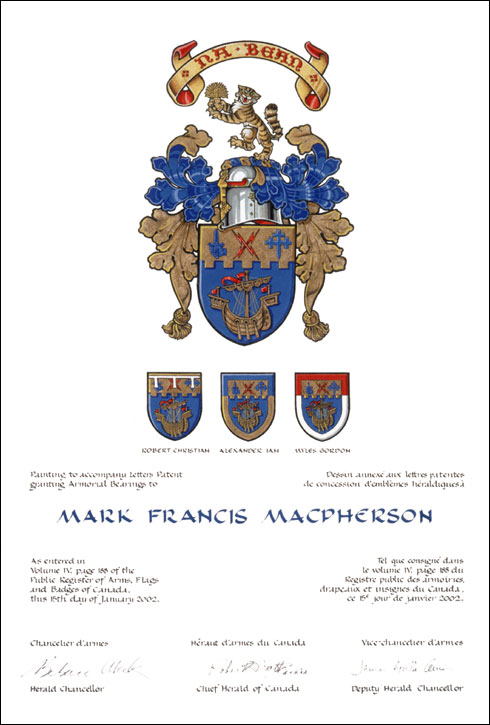 Letters patent granting heraldic emblems to Mark Francis Macpherson
