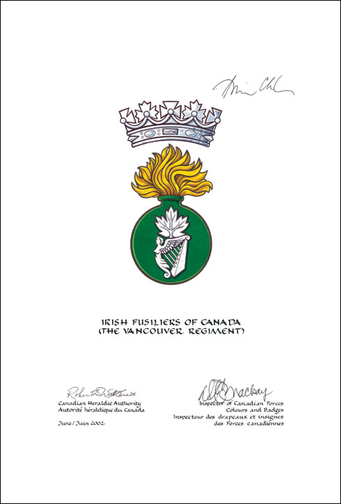 Approval of the Badge of the Irish Fusiliers of Canada (The Vancouver Regiment)