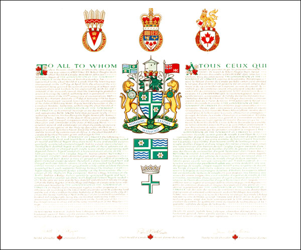 Letters patent granting heraldic emblems to The Corporation of the Township of Langley