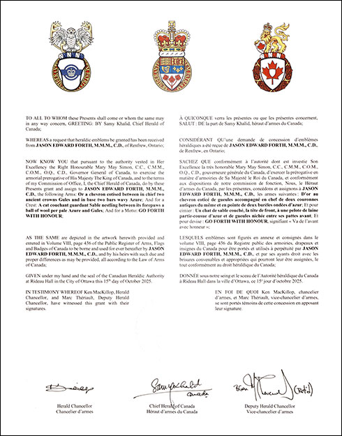 Letters patent granting heraldic emblems to Jason Edward Forth