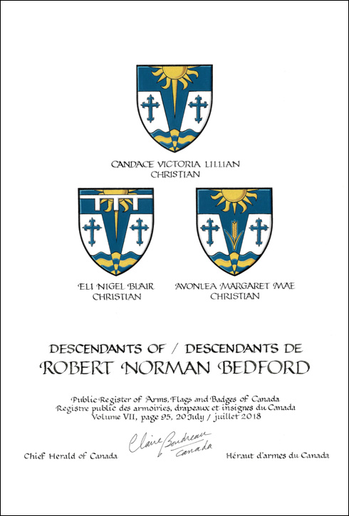 Letters patent granting heraldic emblems to Robert Norman Bedford