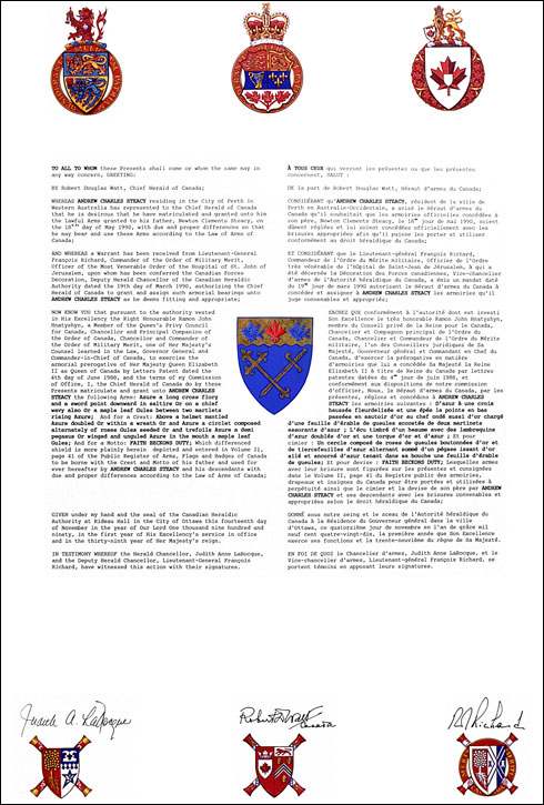Letters patent granting heraldic emblems to Andrew Charles Steacy