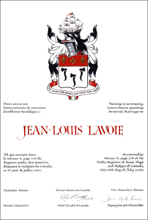 Letters patent granting heraldic emblems to Jean-Louis Lavoie