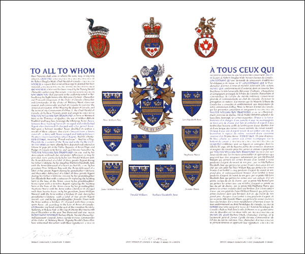 Letters patent granting heraldic emblems to Walter William Roy Bradford