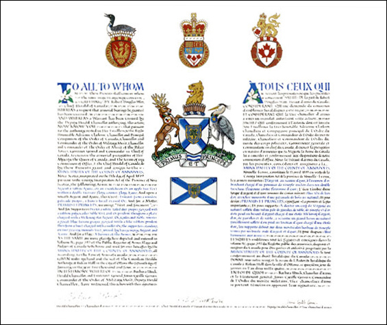 Letters patent granting heraldic emblems to the Municipality of the County of Annapolis