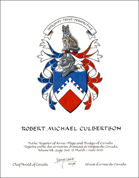 Letters patent granting heraldic emblems to Robert Michael Culbertson