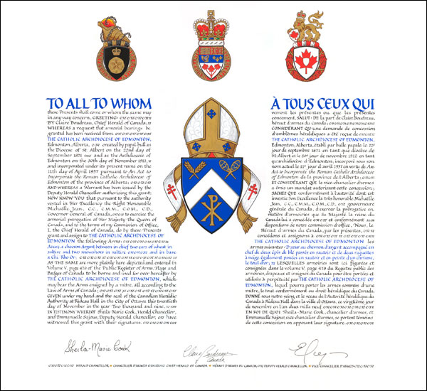 Letters patent granting heraldic emblems to The Catholic Archdiocese of Edmonton