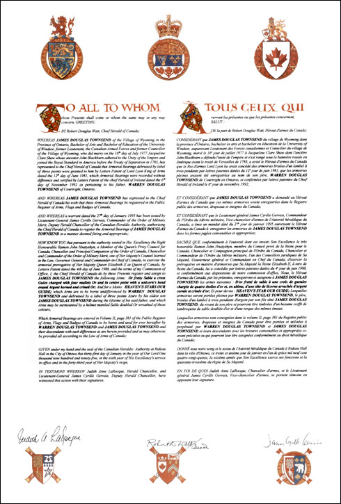 Letters patent registering the heraldic emblems of James Douglas Townsend