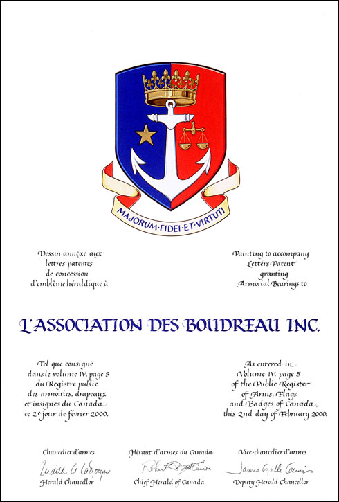 Letters patent granting heraldic emblems to L'Association des Boudreau Inc.