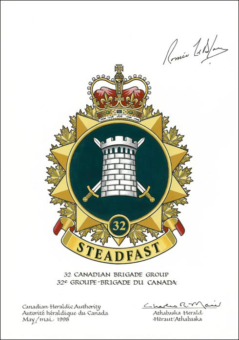 Lettres patentes approuvant l’insigne du 32e Groupe-Brigade du Canada